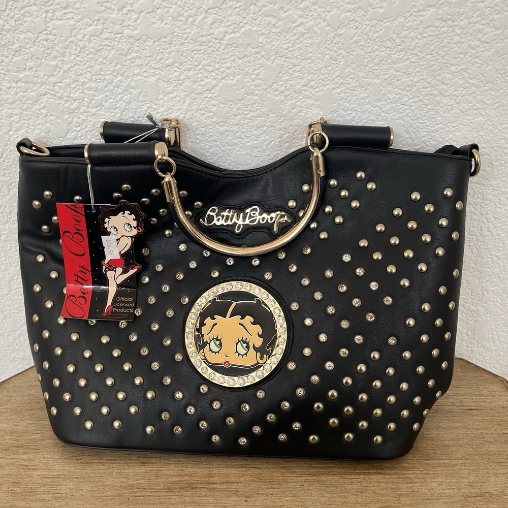 NWT 2015 Betty Boop Studded Rhinestone Satchel Purse Black Gold Ring Handles